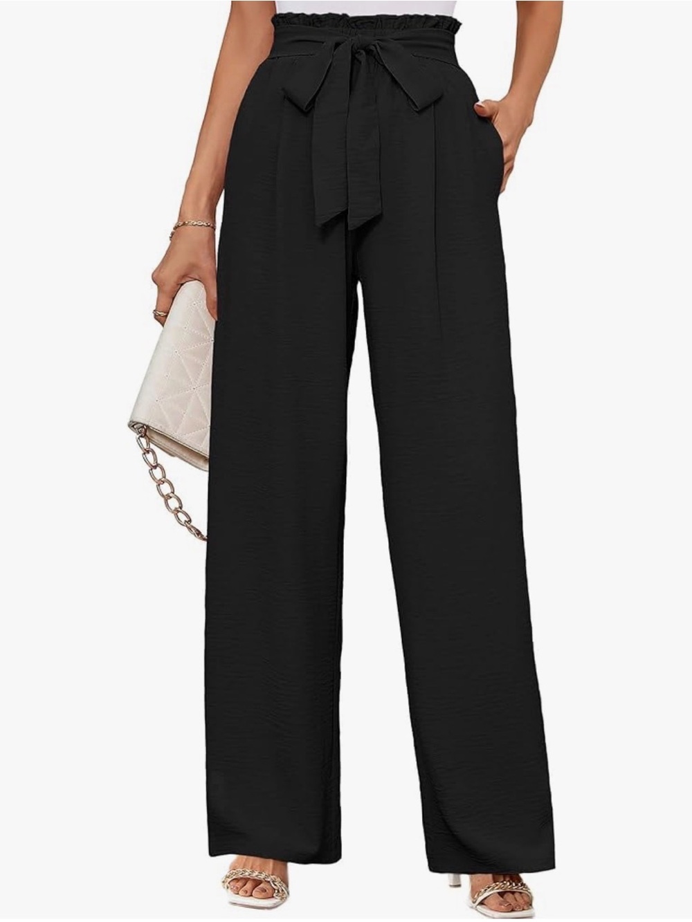 Eclipse Black High-Rise Wide-Leg Paperbag Pants with Tie